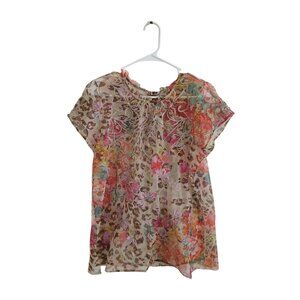 Johnny Was Womens L Boho Floral Sheer Embroidered Multicolor Short Sleeve Blouse